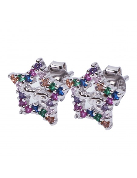Pendiente "Estrella" de plata rodiada con Zirconitas multicolores.