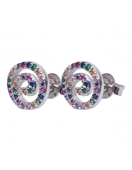 Pendiente "Espiral" de plata rodiada con Zirconitas multicolores.