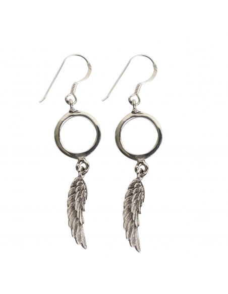 Pendiente de plata , círculo con pluma.