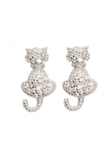 Pendiente "Gato" de plata rodiada con Zirconitas blancas.