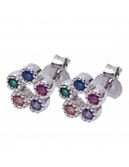 Pendiente "Flor" de plata rodiada con Zirconitas multicolores.
