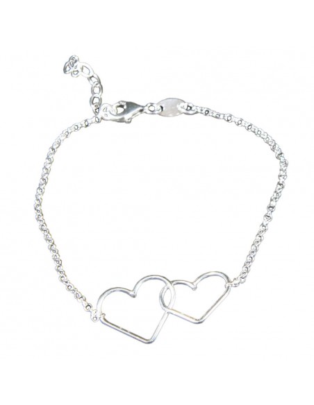 Pulsera "Doble corazón" de plata rodiada .