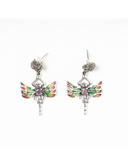 Pendientes libelula de plata combinados con vidriera.