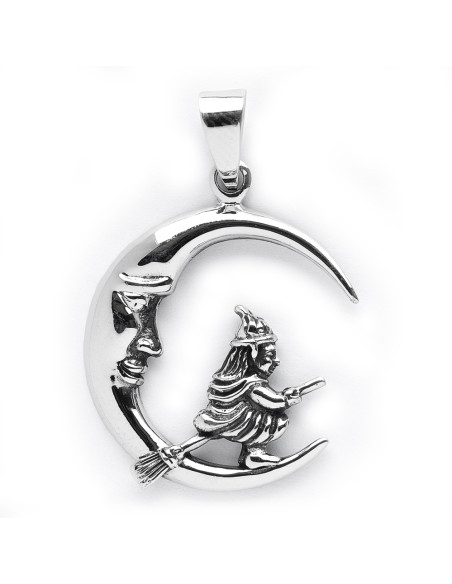 Colgante de Luna con Bruja de Plata .