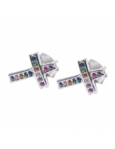 Pendiente "Cruz" de plata con zirconitas multicolores.