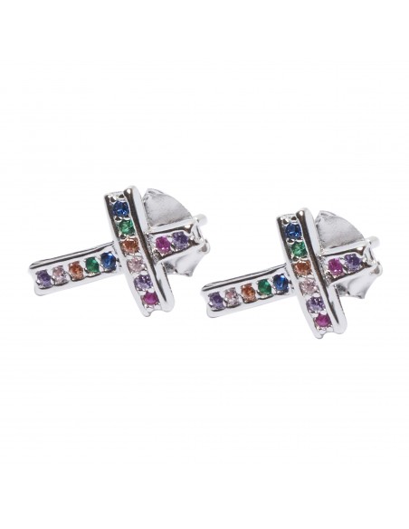 Pendiente "Cruz" de plata con zirconitas multicolores.